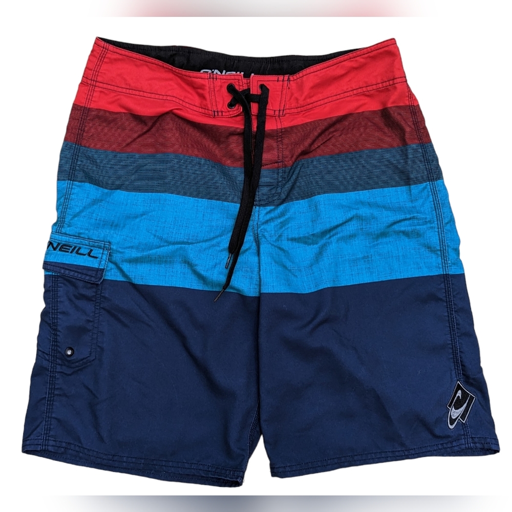 O’Neill *Sz 33* Board Shorts Gray Teal Red Navy Striped Surf Swim Trunks